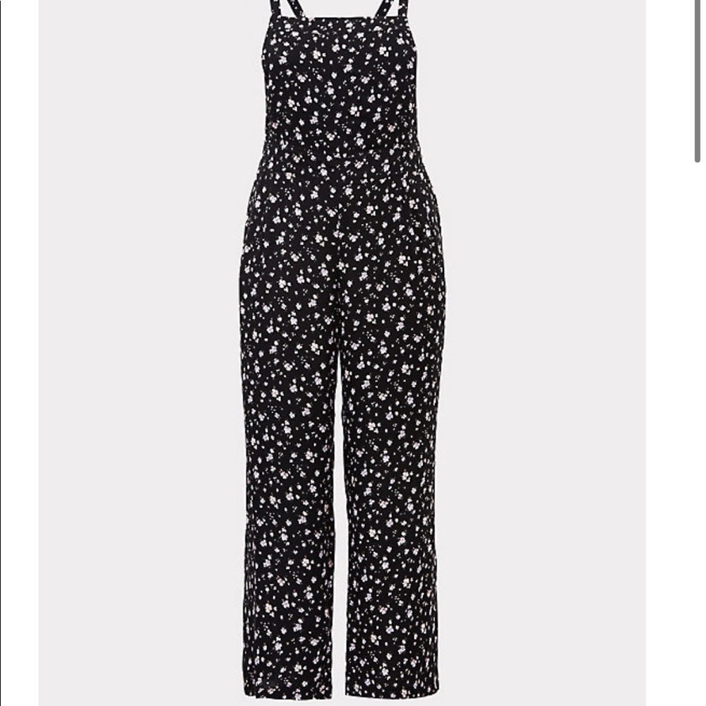 Black floral crepe wide leg overall torrid